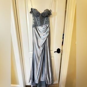 Sherri Hill Silver Beaded Lace Dress 56702 antique blue size 4 Prom!